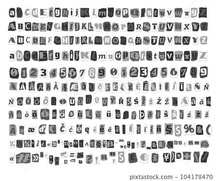 Gray ransom collage style letters, numbers cut from newspapers and magazines. Vintage ABC collection. Black and white punk typeface Extended Latin alphabet Typography vector illustration 104178470