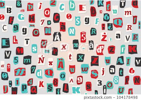 Color ransom collage style letters numbers and punctuation marks cut from newspapers and magazines background. Vintage ABC collection. Red, white, black and azure punk alphabet Vector illustration 104178498