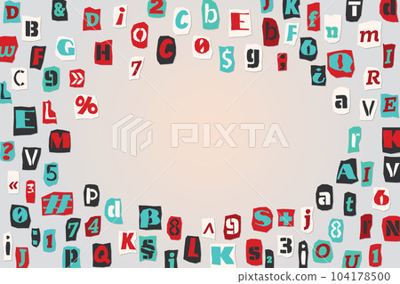 Color ransom collage style letters numbers and punctuation marks cut from newspapers and magazines background. Vintage ABC collection. Red, white, black and azure punk alphabet Vector illustration Color ransom collage style letters numbers and punctuation marks cut from newspapers and magazines background. Vintage ABC collection. Red, white, black and azure punk alphabet Vector illustration 104178500