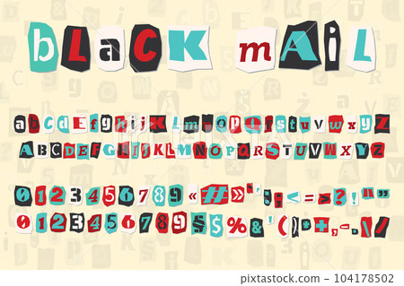 Color ransom collage style letters numbers and punctuation marks cut from newspapers and magazines. Vintage ABC collection. Red, white, black and azure punk alphabet Typography vector illustration Color ransom collage style letters numbers and punctuation marks cut from newspapers and magazines. Vintage ABC collection. Red, white, black and azure punk alphabet Typography vector illustration 104178502