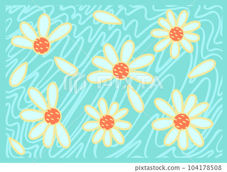 Groovy wavy daisy horizontal banner Abstract retro line art aesthetic 70s style. Trendy 1960s color flower groove background. Psychedelic vintage design. Wallpaper liquid poster. Vector illustration 104178508