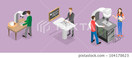 3D Isometric Flat Vector Conceptual Illustration of Electronic Devices Manufacturing 104178623