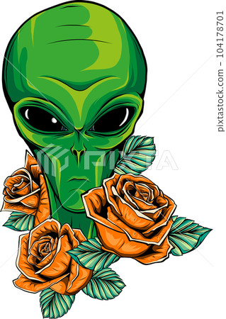 vector illustration of Alien head and red roses flowers. 104178701