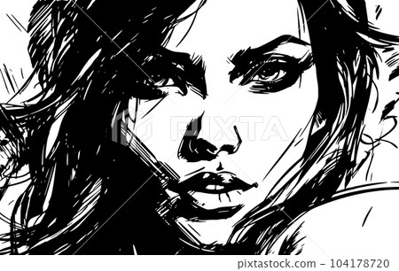 Woman portrait in hand drawing or engraving style. 60s styled beautiful comic book character in black and white. 104178720