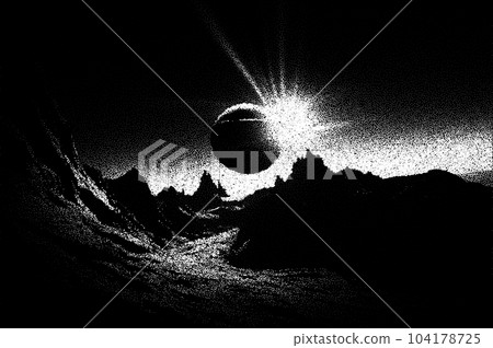 Alien planet landscape in retro dotwork style. Planets and satellites over unknown planet in space. Sci-fi world landscape beyond our galaxy. 104178725