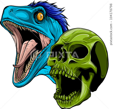 vector illustration of Velociraptor head with human skull 104178798