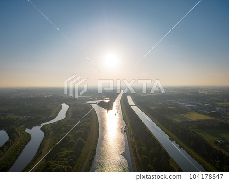 DUFFEL, LIER, BELGIUM, May 31, 2023, Aerial view of the River lock between Nete Channel and Nete DUFFEL, LIER, BELGIUM, May 31, 2023, Aerial view of the River lock between Nete Channel and Nete 104178847