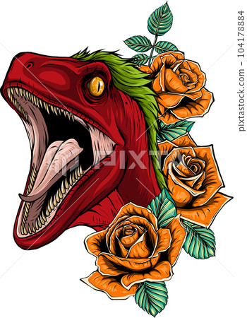 vector illustration of velociraptor head with roses flower 104178884