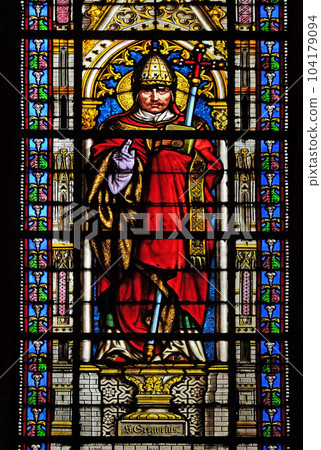 Saint Pope Gregory I, stained glass window in the Basilica of Saint Clotilde in Paris, France Saint Pope Gregory I, stained glass window in the Basilica of Saint Clotilde in Paris, France 104179094