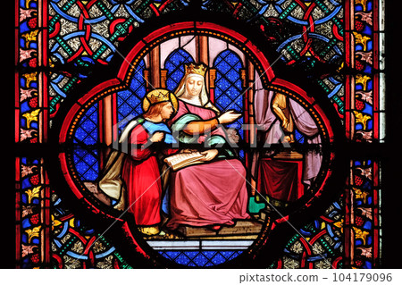 Education of Saint Louis by Blanche de Castille, stained glass window in the Basilica of Saint Clotilde in Paris, France Education of Saint Louis by Blanche de Castille, stained glass window in the Basilica of Saint Clotilde in Paris, France 104179096
