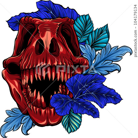 vector illustration of Tyrannosaurus rex skull and leaves vector illustration of Tyrannosaurus rex skull and leaves 104179134