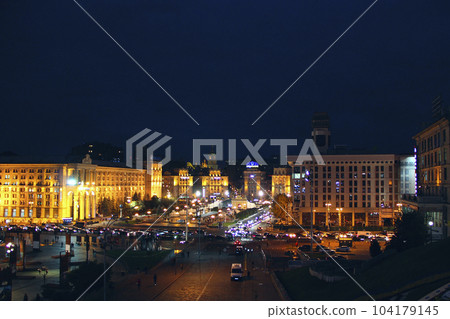 Panorama of Independence Square in Kyiv at night. Lights of night city 104179145