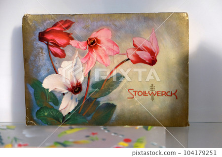 Vintage Chocolate box exhibited at the chocolate fair in Zagreb 104179251