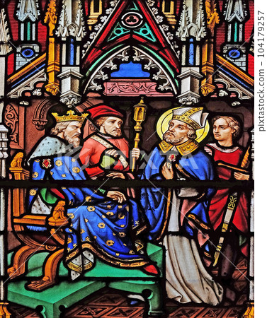 Scenes from the life of Saint Eugene, stained glass windows in the Saint Eugene - Saint Cecilia Church, Paris, France 104179257