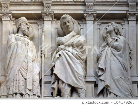 Statues of Saint on the facade of Saint Augustine church in Paris, France Statues of Saint on the facade of Saint Augustine church in Paris, France 104179263
