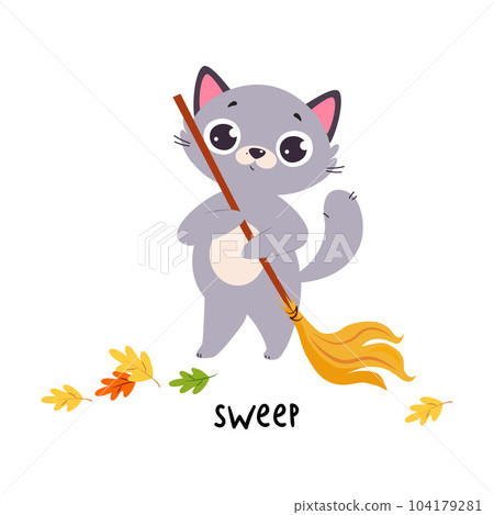 Funny Grey Cat Sweep with Broom as English Verb for Educational Activity Vector Illustration Funny Grey Cat Sweep with Broom as English Verb for Educational Activity Vector Illustration 104179281