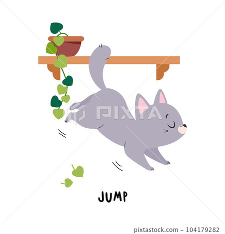 Funny Grey Cat Jump as English Verb for Educational Activity Vector Illustration Funny Grey Cat Jump as English Verb for Educational Activity Vector Illustration 104179282