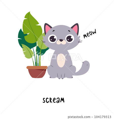 Funny Grey Cat Scream Meow Sound as English Verb for Educational Activity Vector Illustration 104179313