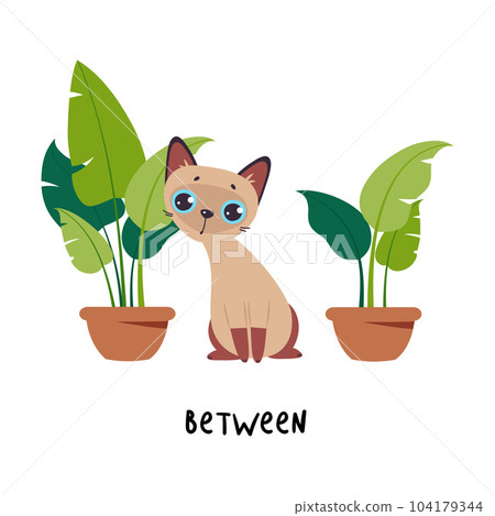 Little Brown Cat Sitting Between Houseplant as English Language Preposition for Educational Activity Vector Illustration Little Brown Cat Sitting Between Houseplant as English Language Preposition for Educational Activity Vector Illustration 104179344