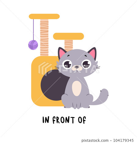 Little Grey Cat Sitting in Front of Scratching Post as English Language Preposition for Educational Activity Vector Illustration 104179345