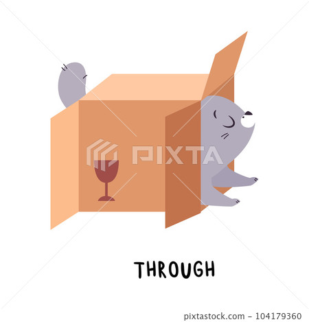 Little Grey Cat Crawling Through Cardboard Box as English Language Preposition for Educational Activity Vector Illustration 104179360