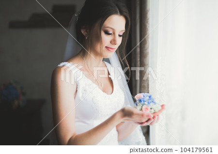 Portrait of beautiful bride with fashion veil at wedding morning 104179561