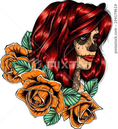 Vector illustration of Skull Woman with roses 104179619