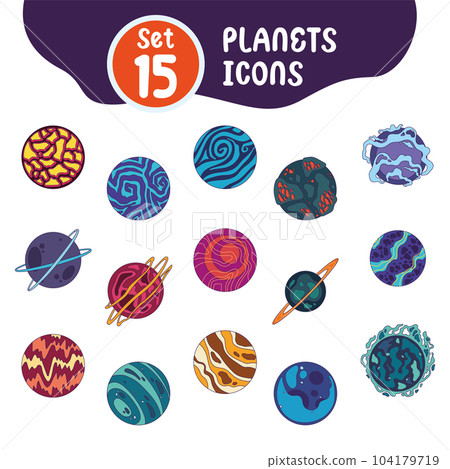 Set of different colored sci fi planet icons Vector 104179719