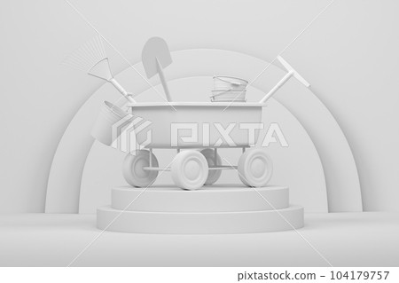 Garden wheelbarrow with garden tools on cylinder podium with step on monochrome 104179757