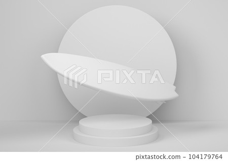 Surfboard for summer surfing on cylinder podium with step on monochrome Surfboard for summer surfing on cylinder podium with step on monochrome 104179764