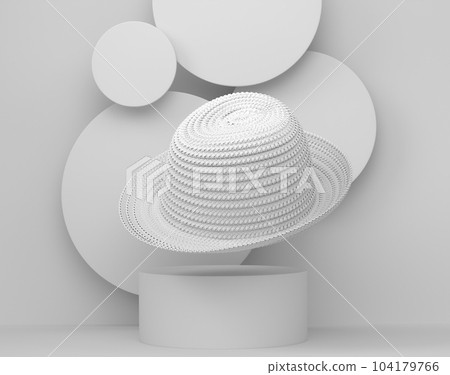 Vintage straw beach sun hat on cylinder podium with step on monochrome 104179766