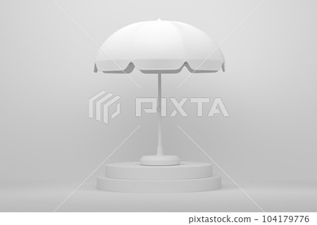 Beach umbrella for lounge zone on cylinder podium with step on monochrome Beach umbrella for lounge zone on cylinder podium with step on monochrome 104179776