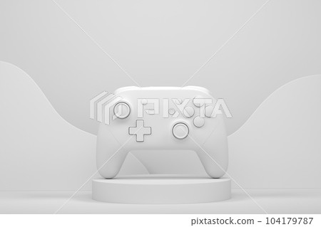Video game joystick on cylinder podium with step on monochrome 104179787