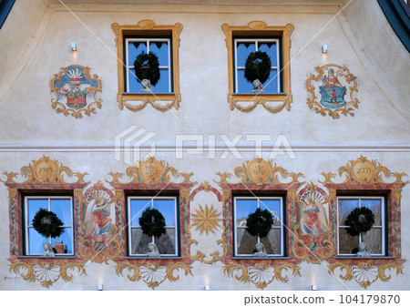 Christmas decoration on the building in St. Wolfgang on Wolfgangsee in Austria Christmas decoration on the building in St. Wolfgang on Wolfgangsee in Austria 104179870