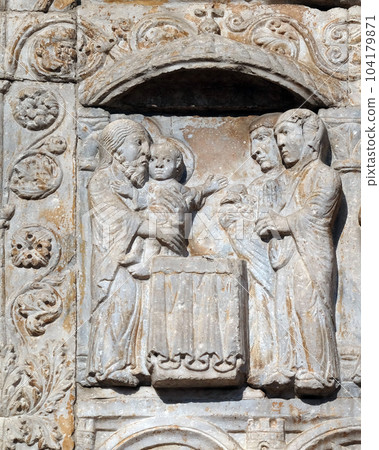 Presentation of Jesus in the Temple, medieval relief on the facade of Basilica of San Zeno in Verona, Italy Presentation of Jesus in the Temple, medieval relief on the facade of Basilica of San Zeno in Verona, Italy 104179871