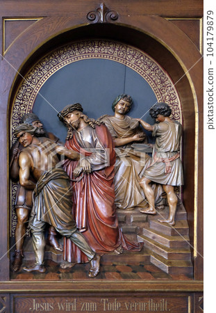 1st Stations of the Cross, Jesus is condemned to death, parish church of St. Nicholas in Bad Ischl, Austria 104179879