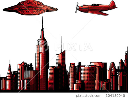 Vector illustration of ufo fight versus jet in the city Vector illustration of ufo fight versus jet in the city 104180040