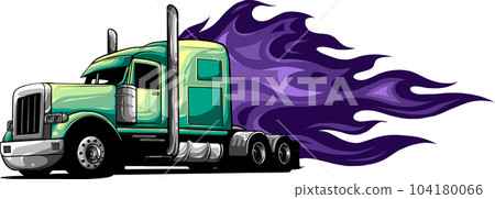Classic american semi truck. Isolated vehicle with fire flame on white background. Classic american semi truck. Isolated vehicle with fire flame on white background. 104180066