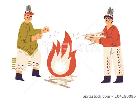 Funny Boy Playing Indian Dressed in Injun Costume with Feather Burn Fire Vector Illustration Funny Boy Playing Indian Dressed in Injun Costume with Feather Burn Fire Vector Illustration 104180090