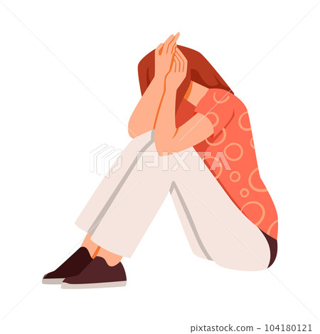 Scared Woman Sitting with Bend Knees Suffering from Abuse and Bullying Vector Illustration 104180121