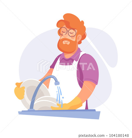 Bearded Man Character Doing Housework Washing Dishes in Kitchen Sink with Gloves Vector Illustration 104180148