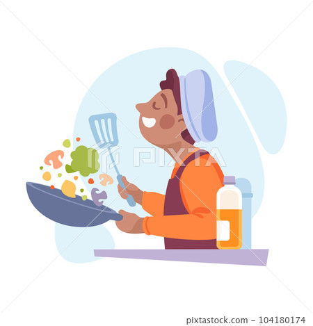 Man Character Doing Housework Cooking with Frying Pan Vector Illustration Man Character Doing Housework Cooking with Frying Pan Vector Illustration 104180174