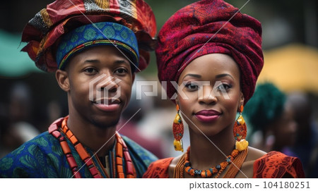 Beautiful african american woman in traditional dress and handsome black man smiling and looking at camera.AI Generative 104180251