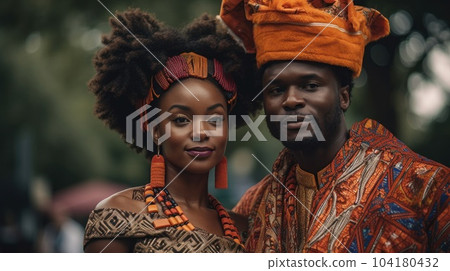 Beautiful african american woman in traditional dress and handsome black man smiling and looking at camera.AI Generative 104180432