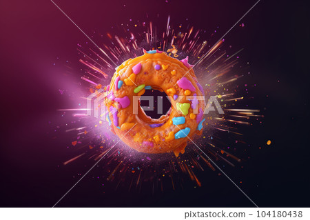 Donut expressive shot with topping and sugar powder splash. Tasty donut food styling image. Generative AI. 104180438
