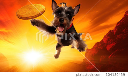 Cute puppy playing outside. Lifestyle dynamic dog photo in casual camera style. Generated AI. 104180439