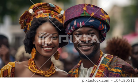 Beautiful african american woman in traditional dress and handsome black man smiling and looking at camera.AI Generative 104180511