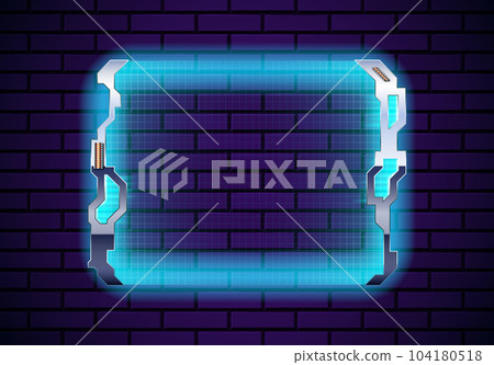 Futuristic metallic frame on the wall with neon glow and transparent scree with grid. Cyberpunk neon screen with steel border. Futuristic metallic frame on the wall with neon glow and transparent scree with grid. Cyberpunk neon screen with steel border. 104180518