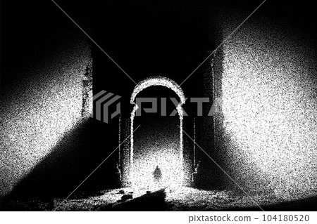 Ancient ruins in sci-fi scene with dotwork retro style. Mysterious gate debris with dramatic lights and retro texture Ancient ruins in sci-fi scene with dotwork retro style. Mysterious gate debris with dramatic lights and retro texture 104180520