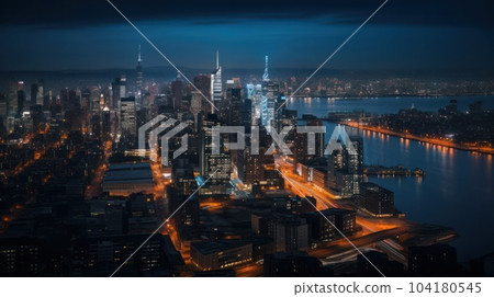 Panoramic skyline and modern commercial buildings with empty asphalt road. AI Generative. 104180545